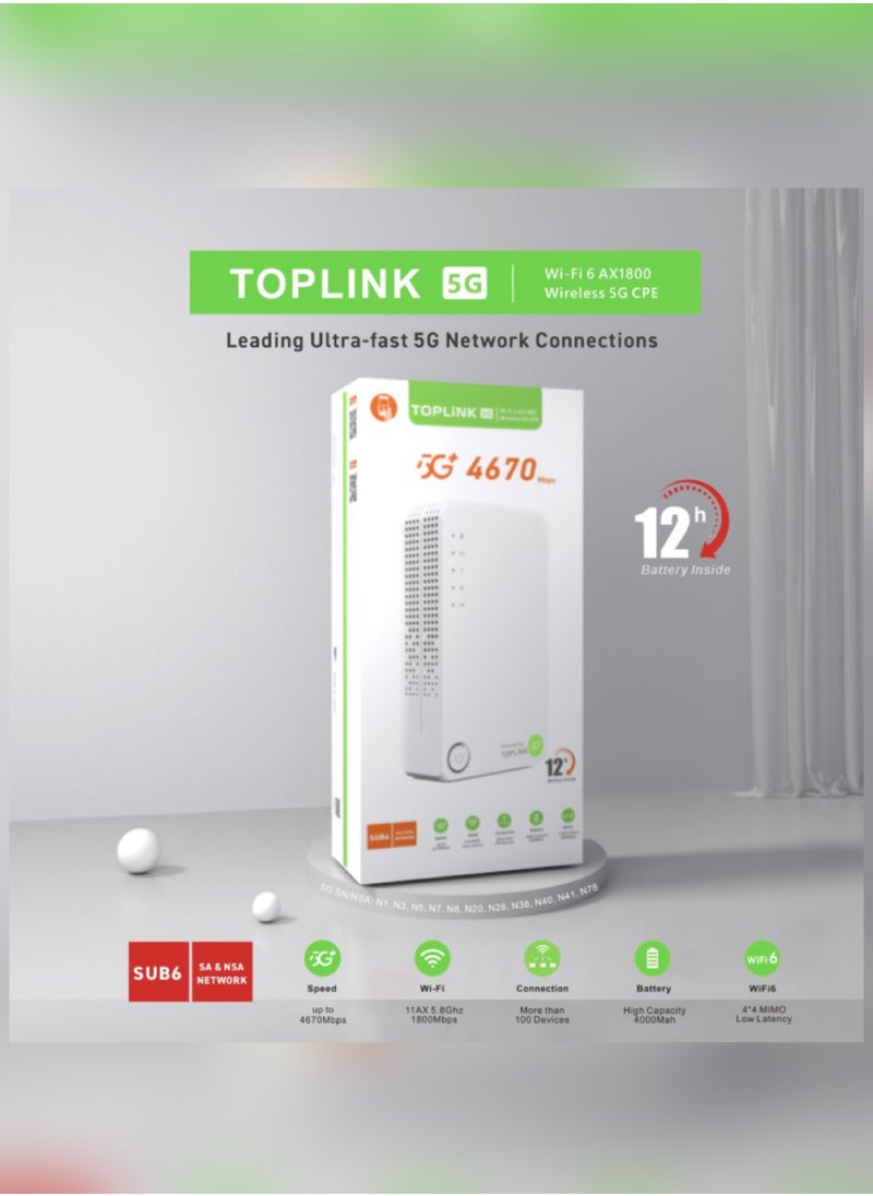 Toplink 5G CPE Wi-Fi Router, MR530, Gigabit Ethernet Ports, 802.11ax WIFI6/AX1800, 64 User