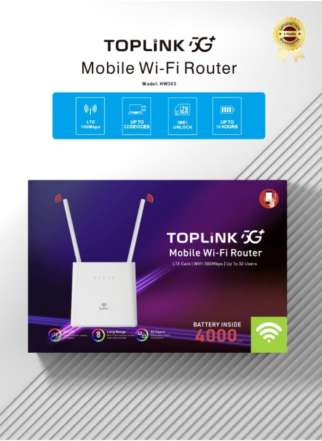 TOPLINK HW303 4G 300Mbps Mobilie Wi-Fi Router With 4000mAh Battery ，LTE Cat4, Connects Up 32 Users