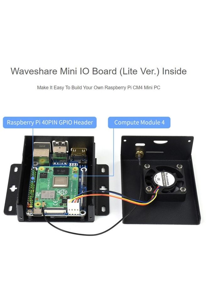 Waveshare Mini IO Board Lite Ver Mini-Computer Base Box with Metal Case & Cooling Fan for Raspberry Pi CM4(US Plug)