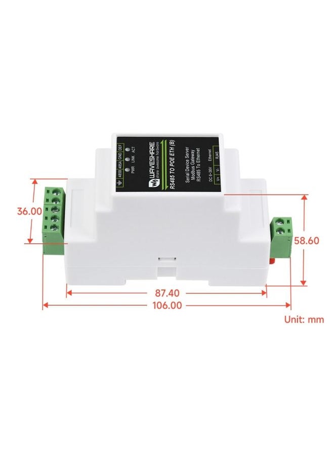 Waveshare Din Rail RS485 to RJ45 Serial Server with POE Function