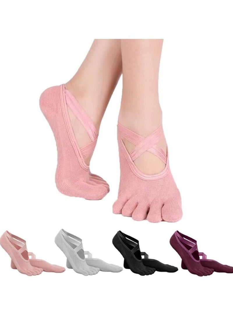 4 Pairs Non-Slip Five Toe Women Socks for Yoga,Pilates, Barre, Ballet, Fitness, Non Skid Sticky Grip Socks with Strap