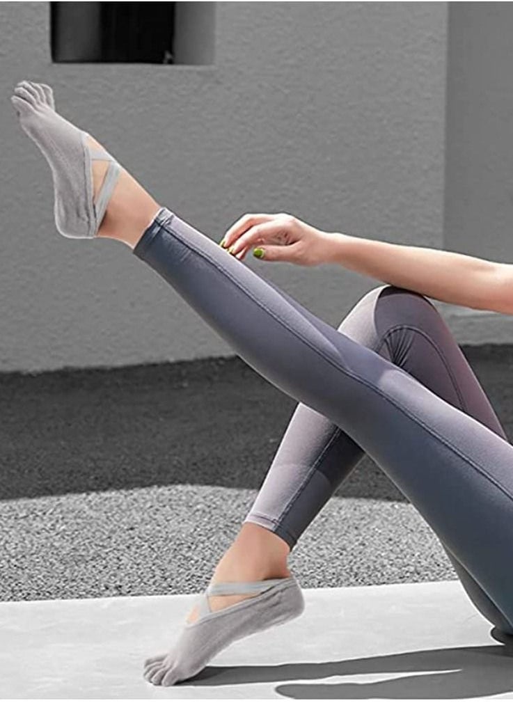 4 Pairs Non-Slip Five Toe Women Socks for Yoga,Pilates, Barre, Ballet, Fitness, Non Skid Sticky Grip Socks with Strap