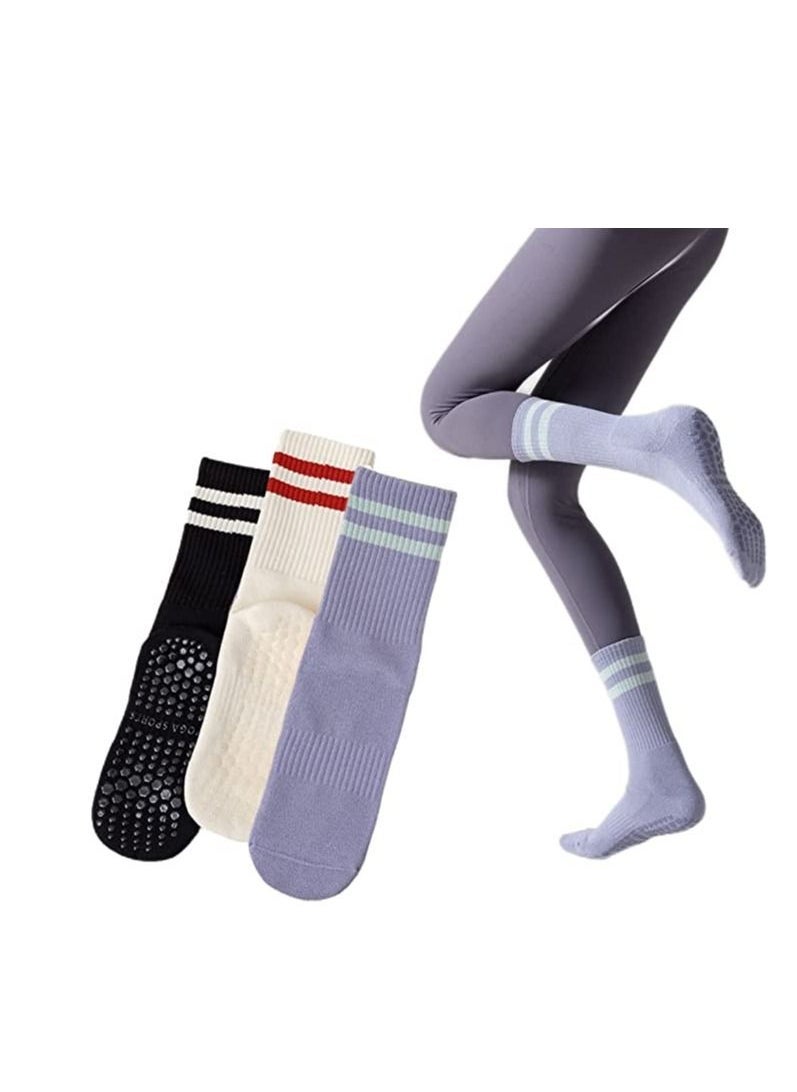 Non Slip Socks Women Fashion All Season Socks Sports Casual Simple Striped Colors for Pilates Yoga Barre Ballet Dance Fitness Football Hospital  Mid-Tube Socks Free Size 3-Pair