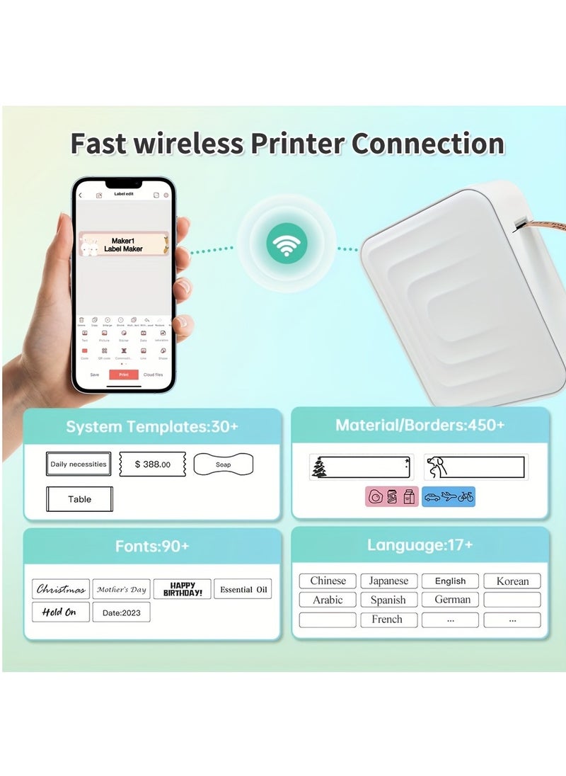 Label Machine Thermal Wireless Label Printer With Inkless Charging Mini Labeling Machine Small Handheld Sticker Making Machine With Multiple Templates For Office, Home, Storage