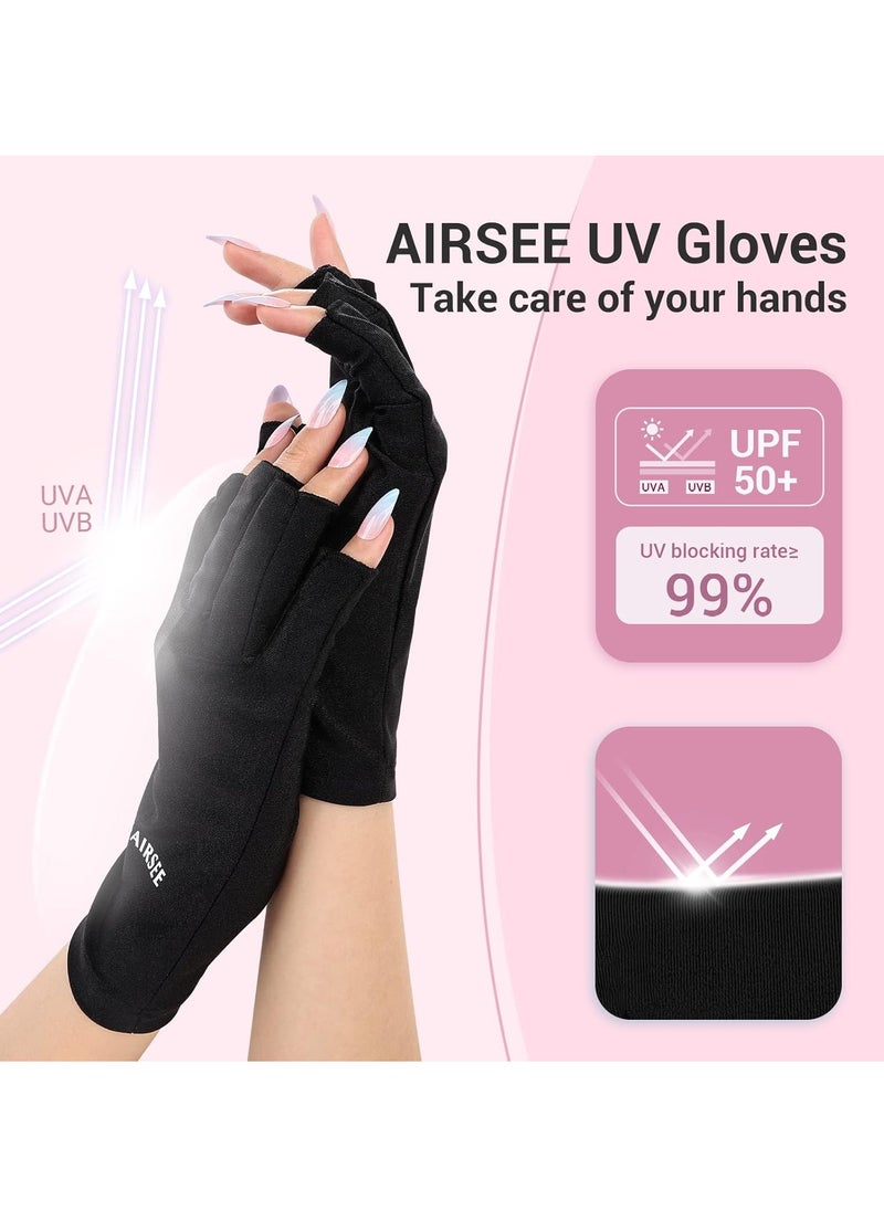 AIRSEE UV Gloves for Nail Lamp,Professional UPF50+ UV Protection Gloves for Manicures Nail Art,Fingerless Gloves That Shield Skin from The Sun and Nail Lamp (Black)