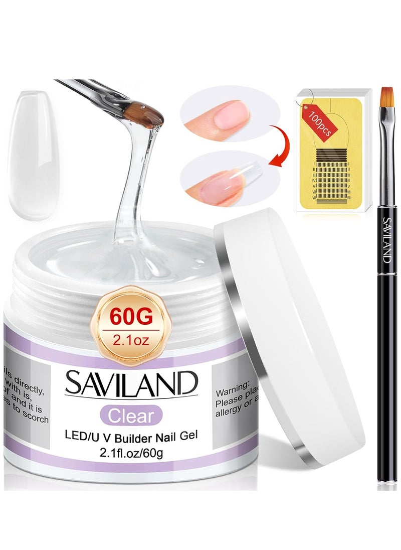 SAVILAND Builder Nail Gel Kit - 60g Clear Nail Extension Gel Set Nail Strengthen Nail Art Manicure Set with 100PCS Nail Forms and Acrylic Nail Brush for Beginners