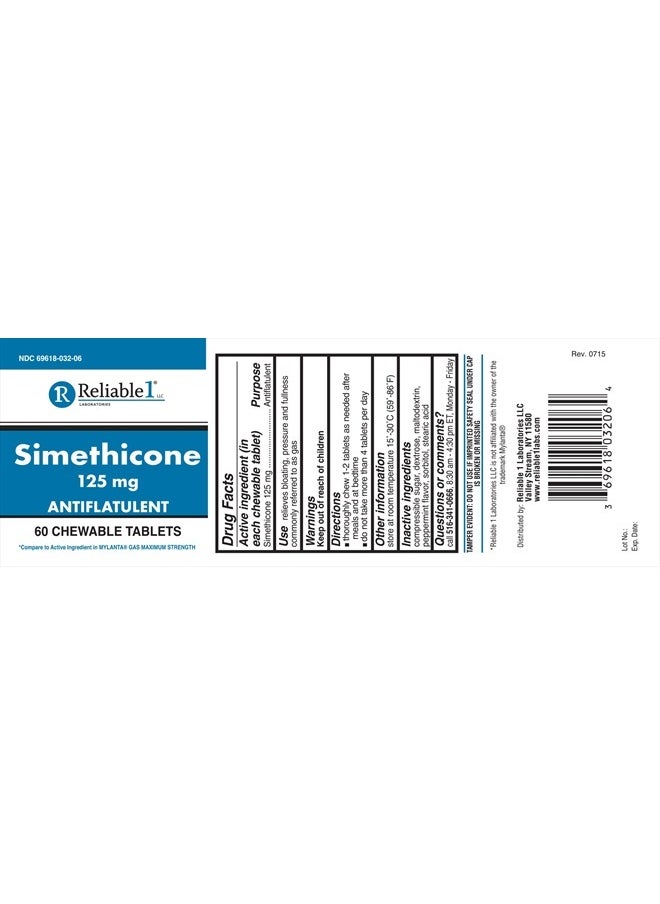 Simethicone 125mg Gas Relief Tablets Extra Strength Bloating Relief Gas Pills | Anti Flatulence, Rapid Gas Relief for Adults | Peppermint Flavor | 60 Chewable Tablets