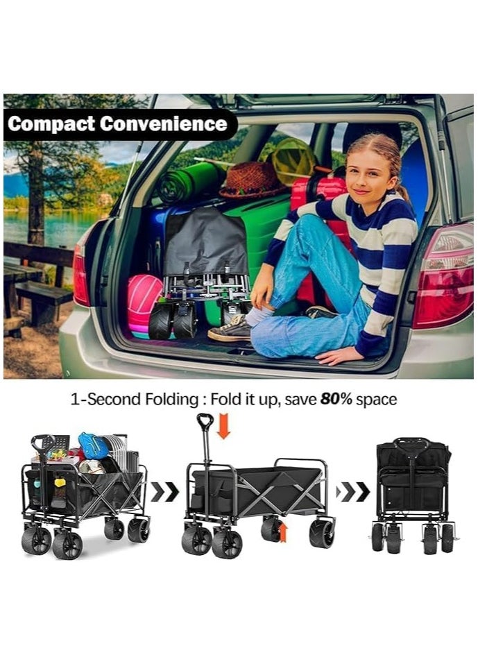 150 kg Collapsible Folding Wagon, Portable Large Trolley cart, Bearing Heavy Capacity Beach Garden Shopping Carts & Stroller Wagon, Utility Adjustable Handle Outdoor Camping with Heavy Wheels