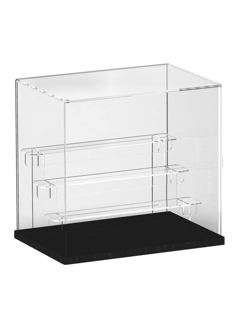 4-Tier Clear Acrylic Display Case with Door, Countertop Display Stand for Collectible Mini Action Figures, Dustproof Storage Organizer (Black Base, Clear Steps)