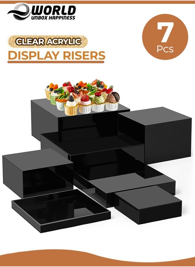 7 Pcs Black Acrylic Cube Nesting Risers with Hollow Bottoms Perfect Modern Design Dice Display Blocks for Photo Prop, Trophies, Artefacts, and Decorations