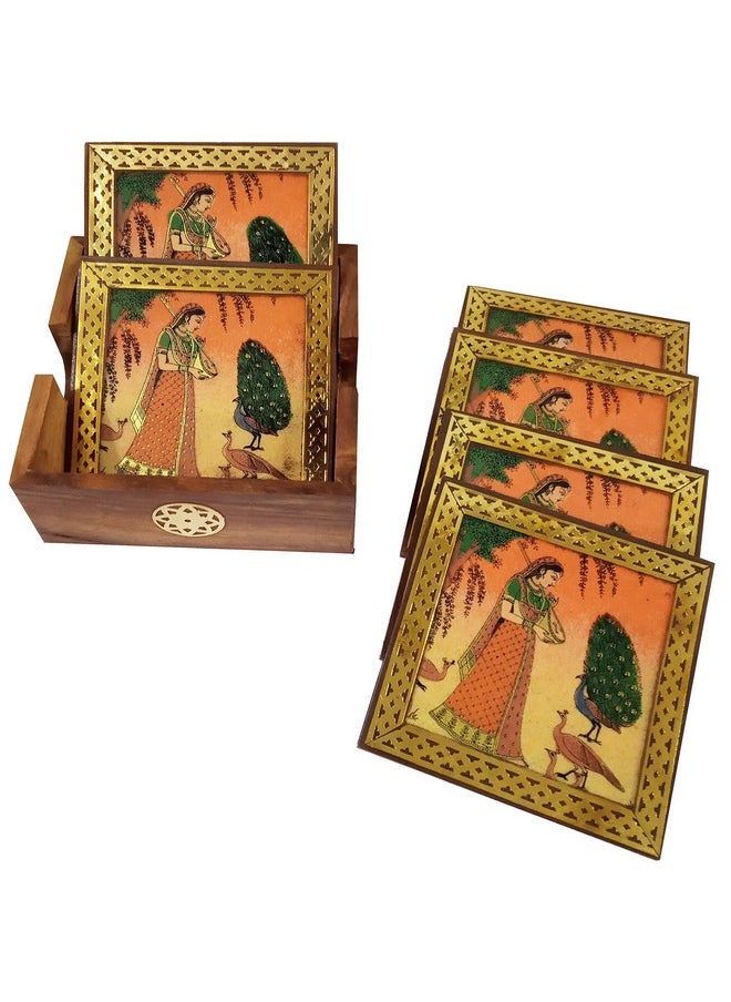 Pinewood Gemstone Coasters (Set Of 6): Ragini, Indian Rajasthani Belle (10716B)