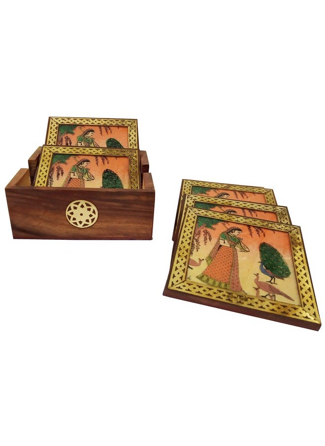 Pinewood Gemstone Coasters (Set Of 6): Ragini, Indian Rajasthani Belle (10716B)