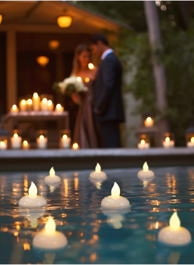 24 Pack Waterproof Flameless Floating Tealights, Warm White Battery Flickering LED Tea Lights Candles - Wedding, Party, Centerpiece, Pool & SPA