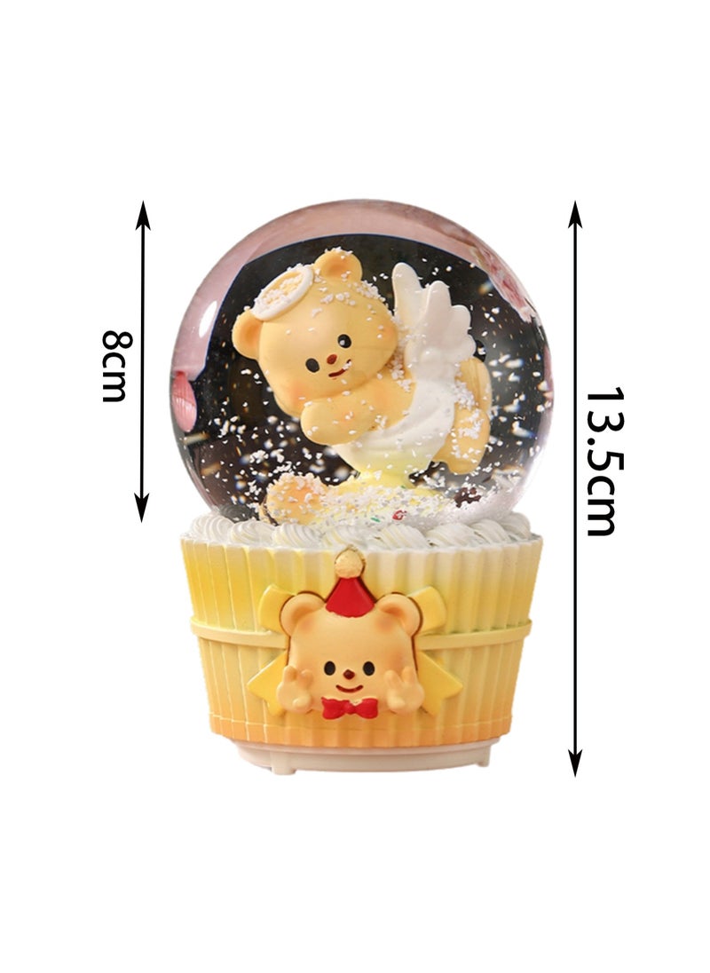 Little Bear Yellow Snowflake Glass Globe Spinning Music Box With Color Changing Led Lights Plays Songs Like Castle In The Sky, Music Birthday Gift For Kids Girls Women