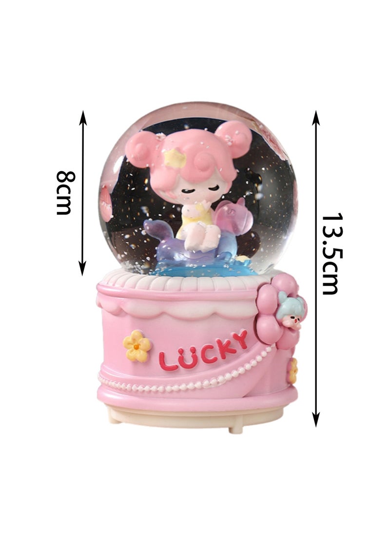 Pink Lucky Girls Snow Globe Spinning Music Box With Color Changing Led Lights Plays Songs Like Castle In The Sky, Music Birthday Gift For Kids Girls Women