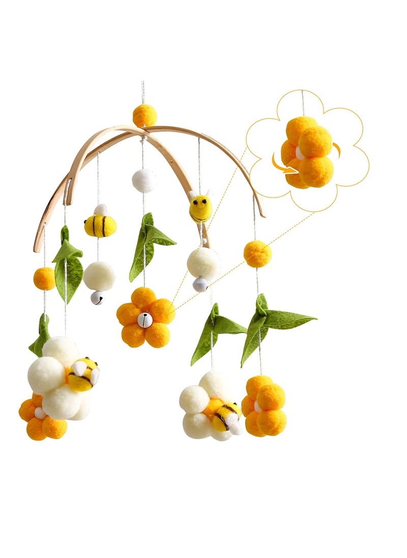 Baby Crib Mobile with Bamboo Wind Chime and Cotton Balls, Rotating Plush Bee Decor for Nursery, Portable Hanging Bed Bell for Baby's Bedroom