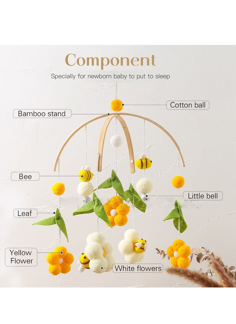 Baby Crib Mobile with Bamboo Wind Chime and Cotton Balls, Rotating Plush Bee Decor for Nursery, Portable Hanging Bed Bell for Baby's Bedroom