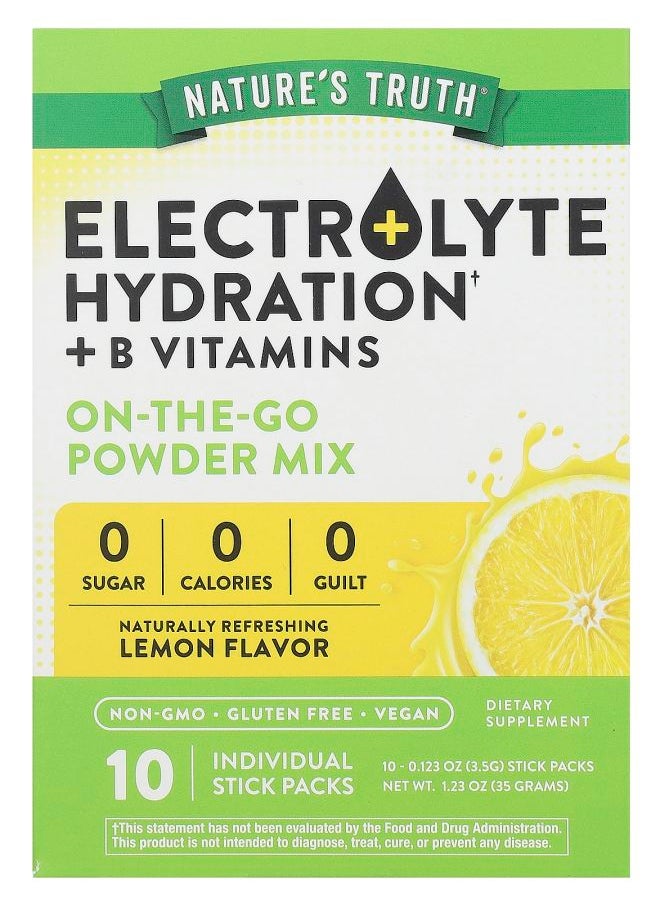 Electrolyte Hydration + B Vitamins On-The-Go Powder Mix Lemon 10 Individual Stick Packs 0.123 oz (3.5 g) Each