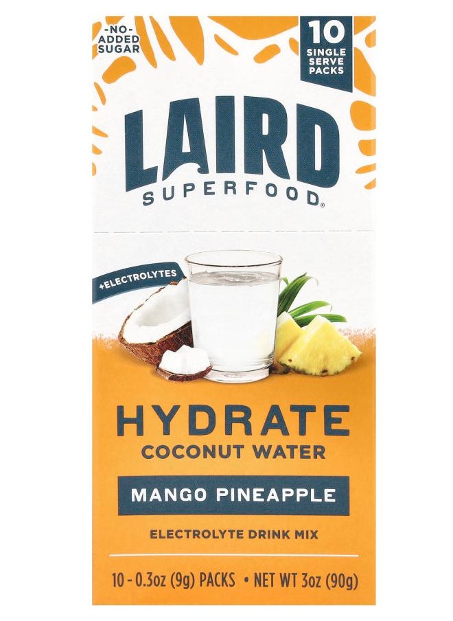 Hydrate Coconut Water Electrolyte Drink Mix Mango Pineapple 10 Single Serve Packs 0.3 oz (9 g) Each