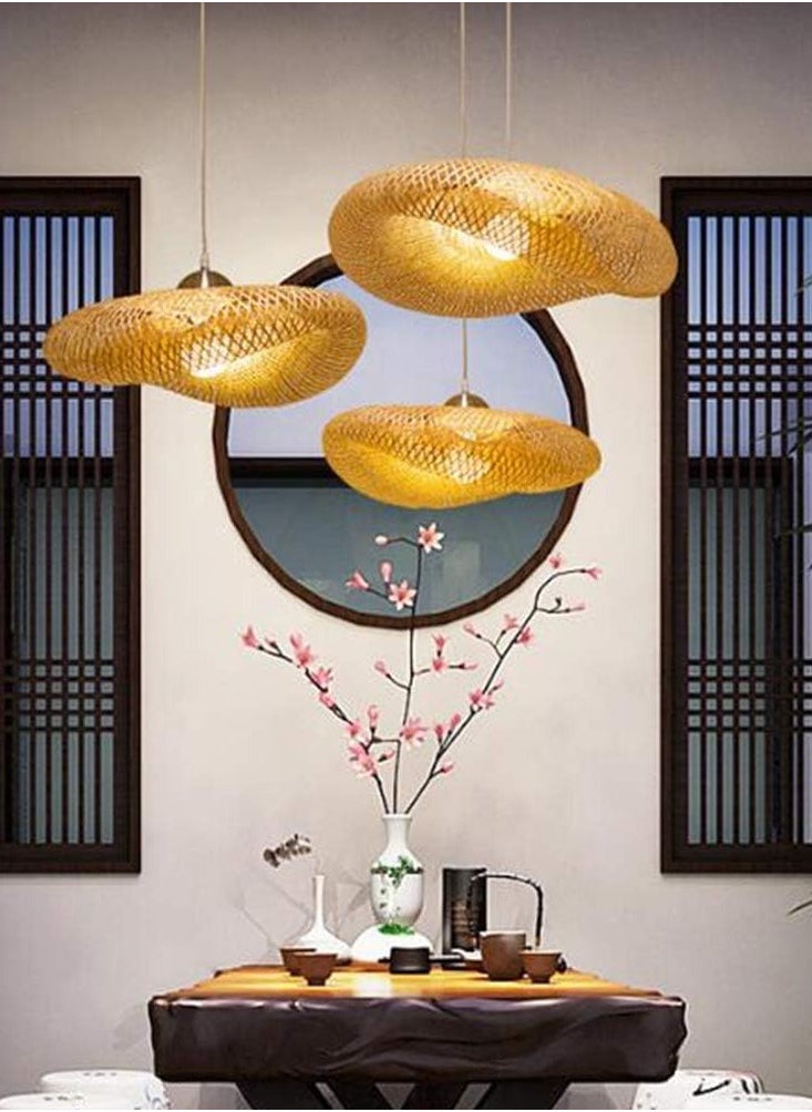 Wooden Pendant Lamp Vintage Bamboo Lantern Ceiling Light Retro Round Chandelier Hand Woven Rattan Lampshade for Restaurant Living Room Bedroom Office Decorative Lighting Hanging Lamp E27