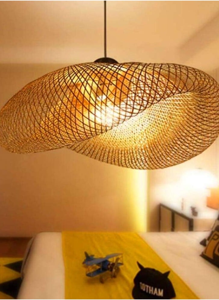 Wooden Pendant Lamp Vintage Bamboo Lantern Ceiling Light Retro Round Chandelier Hand Woven Rattan Lampshade for Restaurant Living Room Bedroom Office Decorative Lighting Hanging Lamp E27