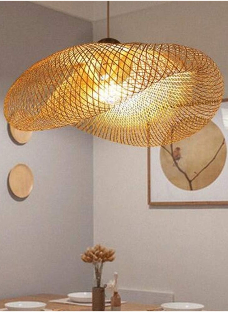 Wooden Pendant Lamp Vintage Bamboo Lantern Ceiling Light Retro Round Chandelier Hand Woven Rattan Lampshade for Restaurant Living Room Bedroom Office Decorative Lighting Hanging Lamp E27