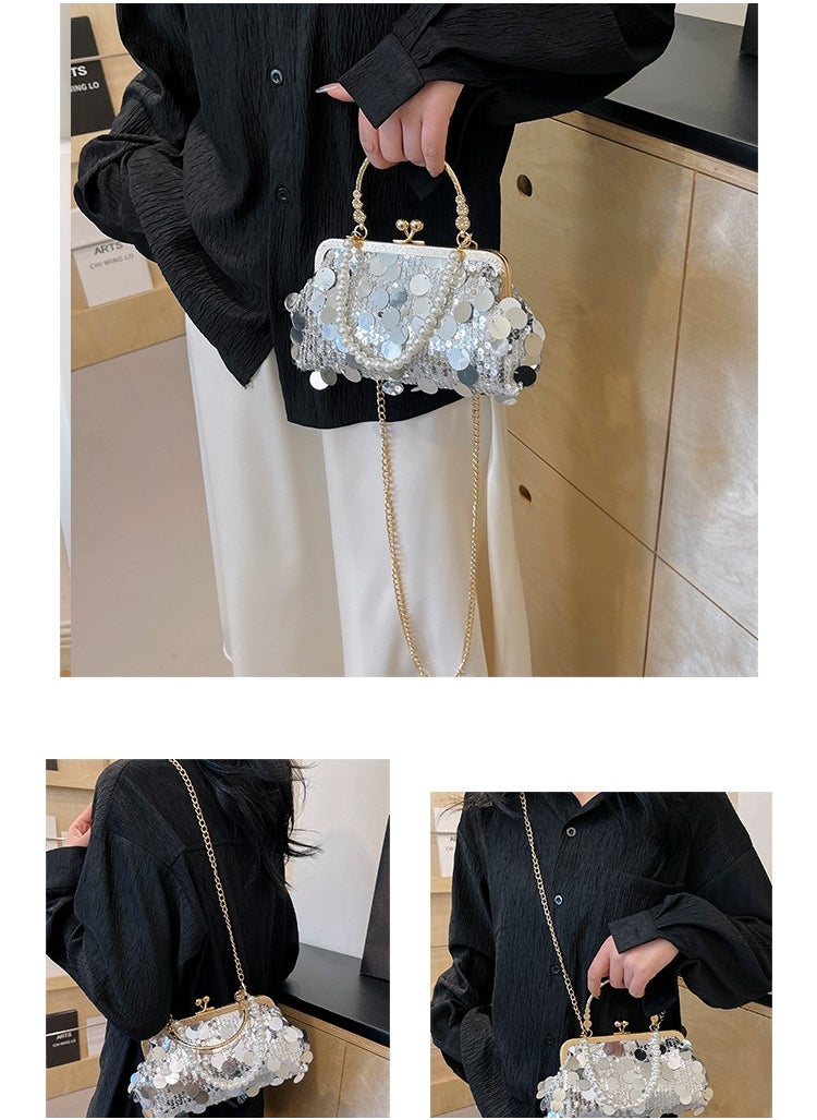 Sparkling Clip On Dinner Bag For Women New High-end Exquisite Small Square Bag European And American Pearl Chain Bag