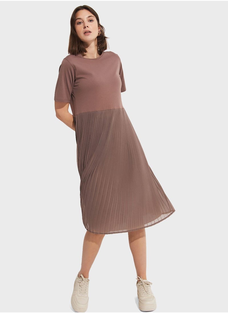 Pleated Crew Neck Dress