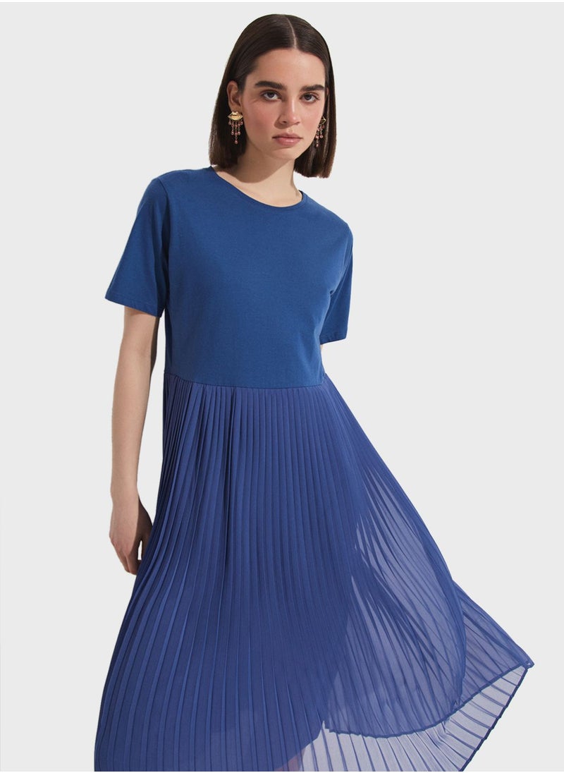 Pleated Crew Neck Dress