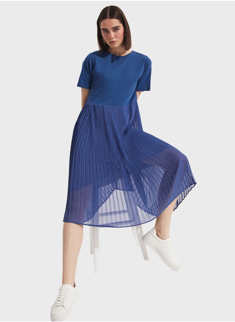 Pleated Crew Neck Dress