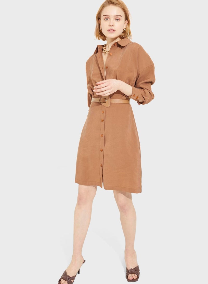 Belted Button Down Dress Brown