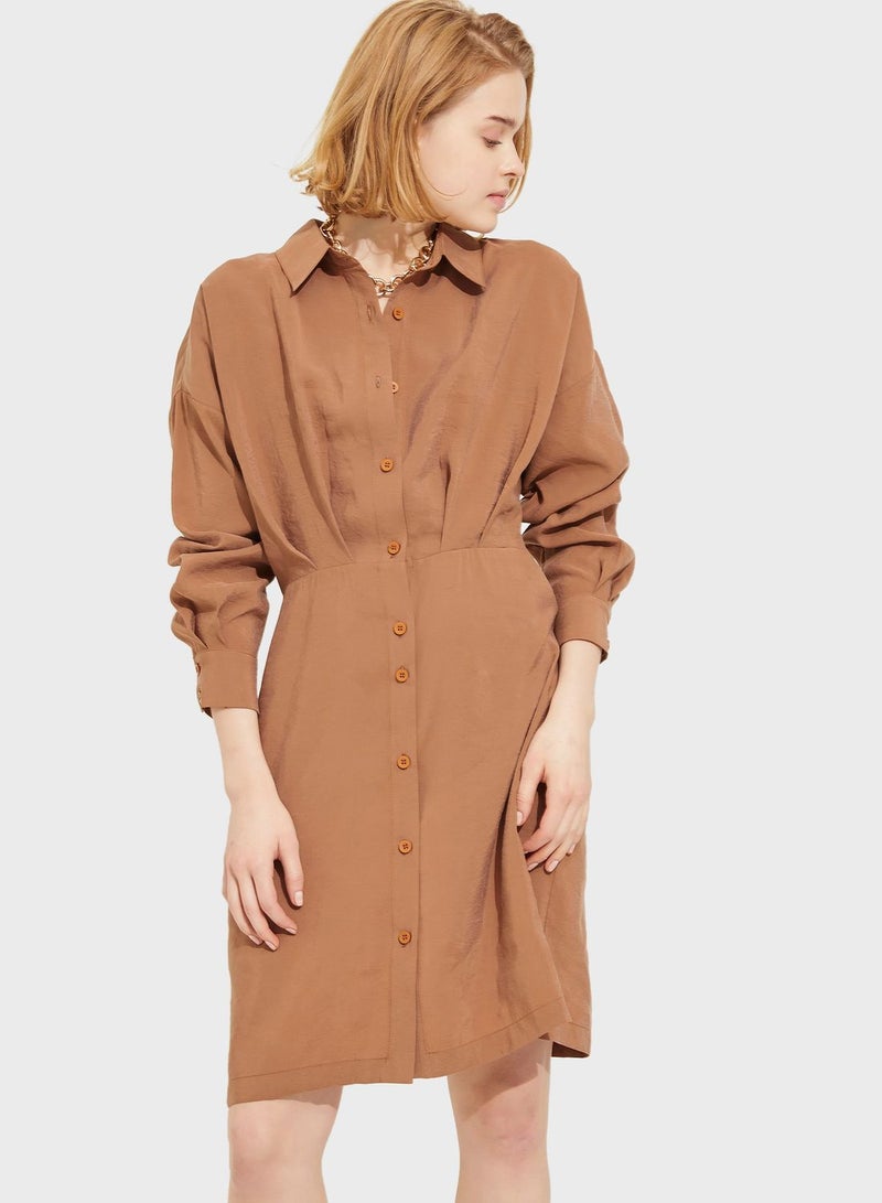 Belted Button Down Dress Brown