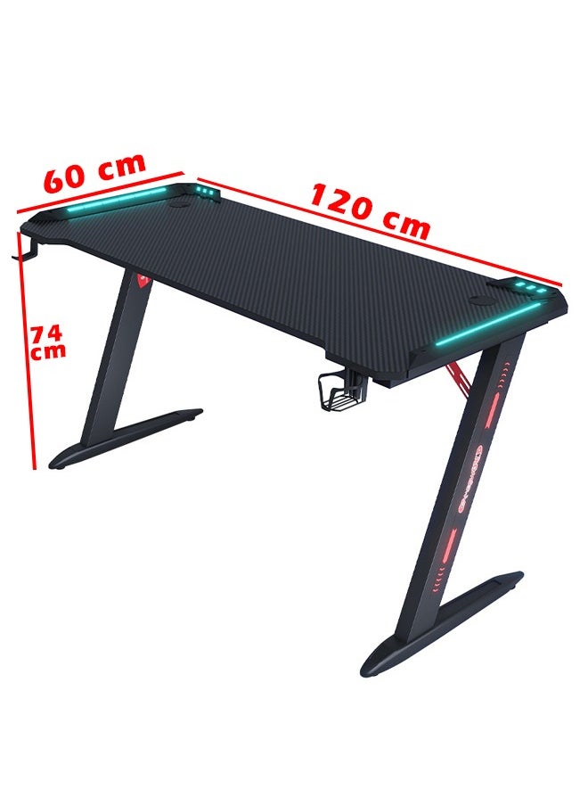 Premium Gaming Desk with RGB LED Lights, E-Sports Computer Desk with Carbon Fiber Surface, Cup Holder and Headphone Hook, Home Gaming Desk with RGB Atmosphere Lighting 120 cm