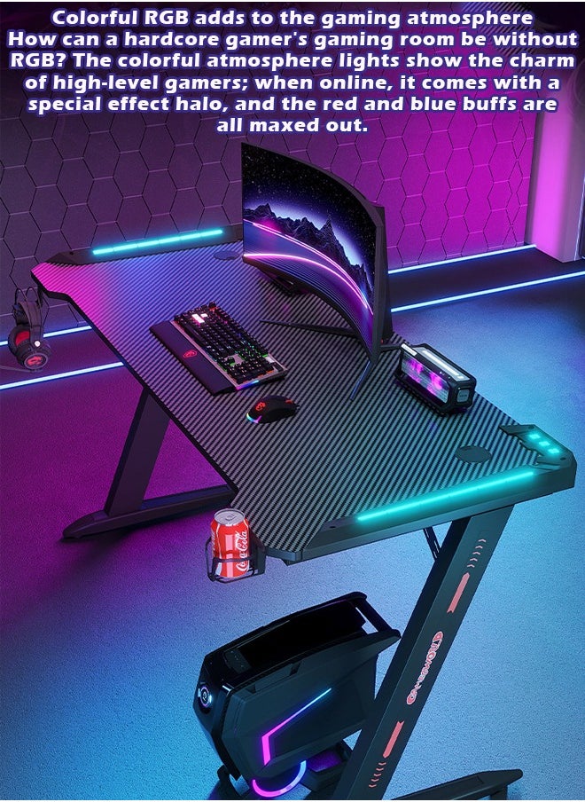 Premium Gaming Desk with RGB LED Lights, E-Sports Computer Desk with Carbon Fiber Surface, Cup Holder and Headphone Hook, Home Gaming Desk with RGB Atmosphere Lighting 120 cm