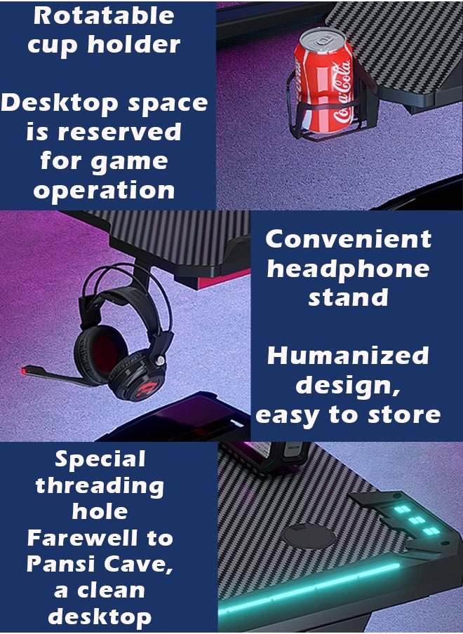 Premium Gaming Desk with RGB LED Lights, E-Sports Computer Desk with Carbon Fiber Surface, Cup Holder and Headphone Hook, Home Gaming Desk with RGB Atmosphere Lighting 120 cm