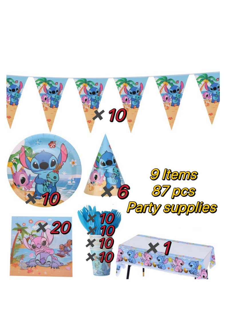 87 pcs disposable party tableware Stitch theme, kids birthday party celebration, baby shower party suppliers with plates, spoons, folks, cups, napkins, etc. 9 items