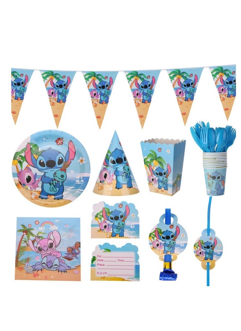 87 pcs disposable party tableware Stitch theme, kids birthday party celebration, baby shower party suppliers with plates, spoons, folks, cups, napkins, etc. 9 items