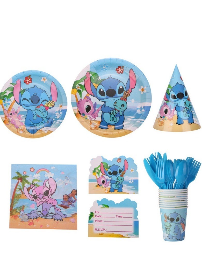 87 pcs disposable party tableware Stitch theme, kids birthday party celebration, baby shower party suppliers with plates, spoons, folks, cups, napkins, etc. 9 items