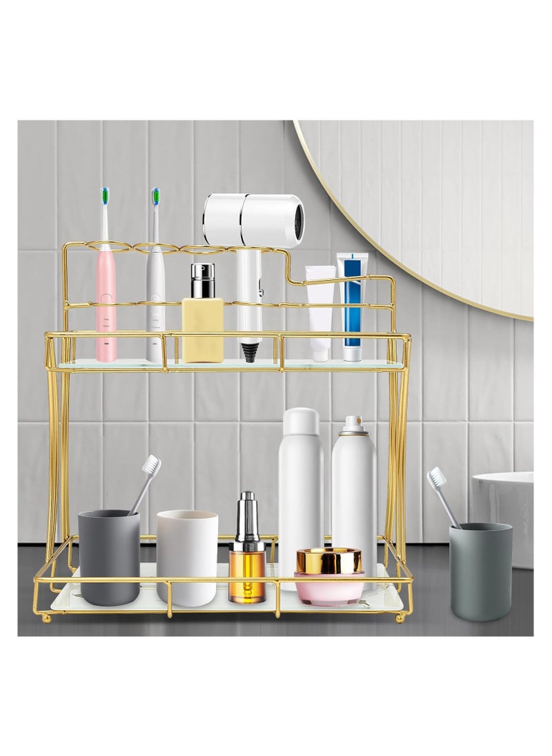 2-Tier Bathroom Countertop Organizer with Toothbrush Holders | Gold Cosmetics Storage Display Rack | Vanity Glass Tray Dresser Shelf for Skincare, Makeup, Perfume, and Toiletries