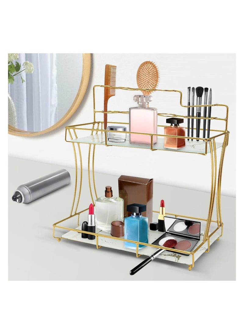 2-Tier Bathroom Countertop Organizer with Toothbrush Holders | Gold Cosmetics Storage Display Rack | Vanity Glass Tray Dresser Shelf for Skincare, Makeup, Perfume, and Toiletries