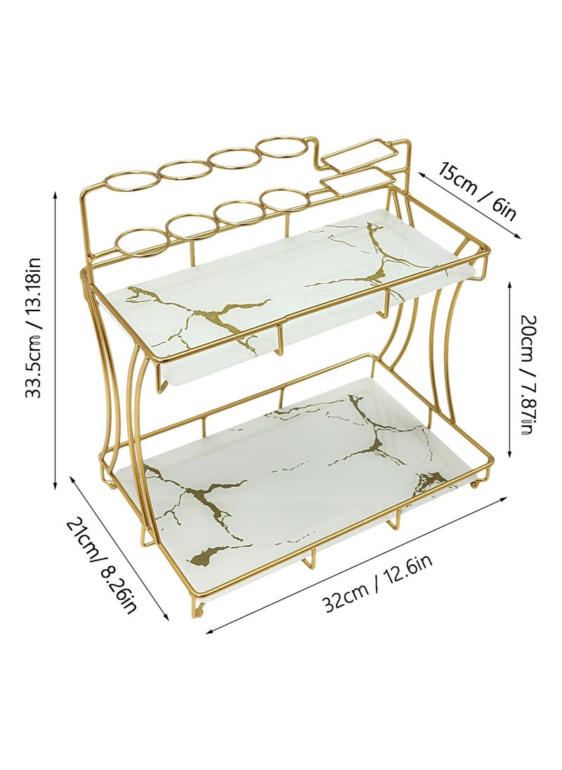 2-Tier Bathroom Countertop Organizer with Toothbrush Holders | Gold Cosmetics Storage Display Rack | Vanity Glass Tray Dresser Shelf for Skincare, Makeup, Perfume, and Toiletries