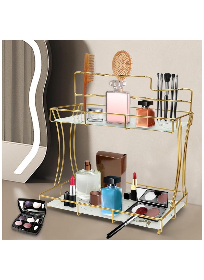 2-Tier Bathroom Countertop Organizer with Toothbrush Holders | Gold Cosmetics Storage Display Rack | Vanity Glass Tray Dresser Shelf for Skincare, Makeup, Perfume, and Toiletries