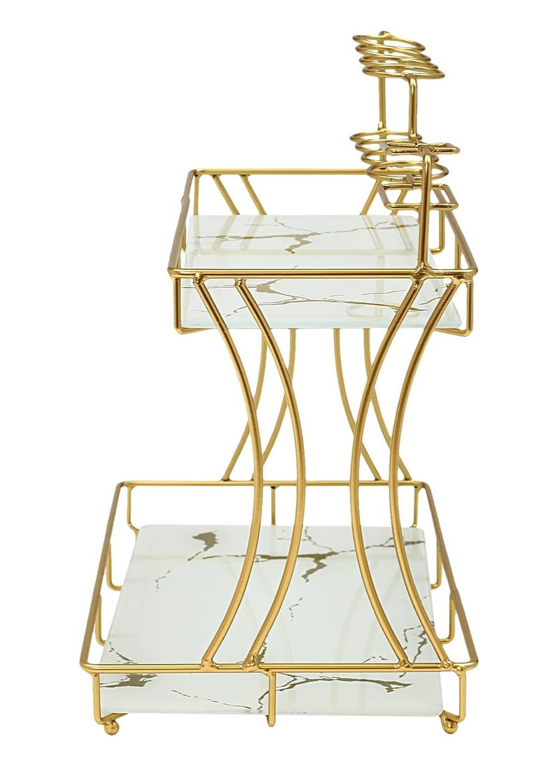 2-Tier Bathroom Countertop Organizer with Toothbrush Holders | Gold Cosmetics Storage Display Rack | Vanity Glass Tray Dresser Shelf for Skincare, Makeup, Perfume, and Toiletries