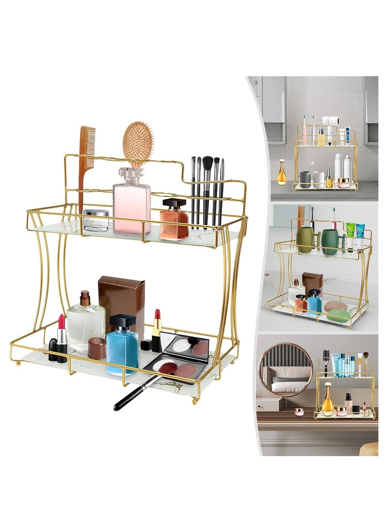 2-Tier Bathroom Countertop Organizer with Toothbrush Holders | Gold Cosmetics Storage Display Rack | Vanity Glass Tray Dresser Shelf for Skincare, Makeup, Perfume, and Toiletries