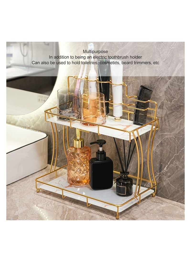 Double Layer Counter Organizer for Bathroom & Kitchen | Vanity Organizer for Home, Bathroom, Dresser, Kitchen Storage – White with Gold Grain Accent