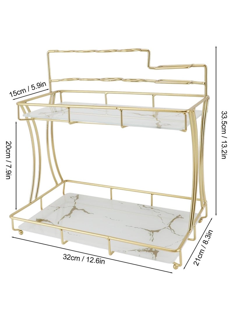 Double Layer Counter Organizer for Bathroom & Kitchen | Vanity Organizer for Home, Bathroom, Dresser, Kitchen Storage – White with Gold Grain Accent