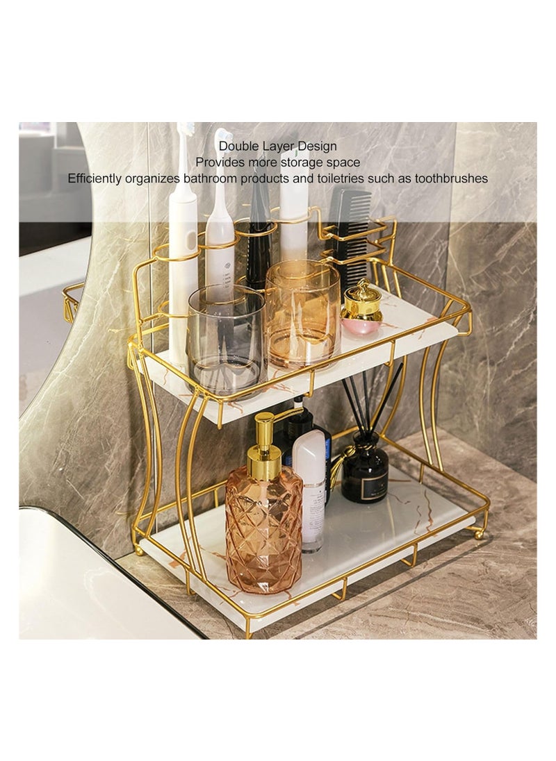 Double Layer Counter Organizer for Bathroom & Kitchen | Vanity Organizer for Home, Bathroom, Dresser, Kitchen Storage – White with Gold Grain Accent