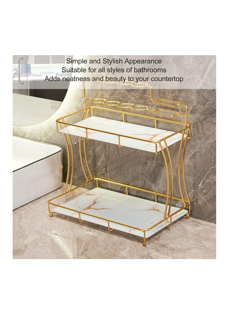 Double Layer Counter Organizer for Bathroom & Kitchen | Vanity Organizer for Home, Bathroom, Dresser, Kitchen Storage – White with Gold Grain Accent