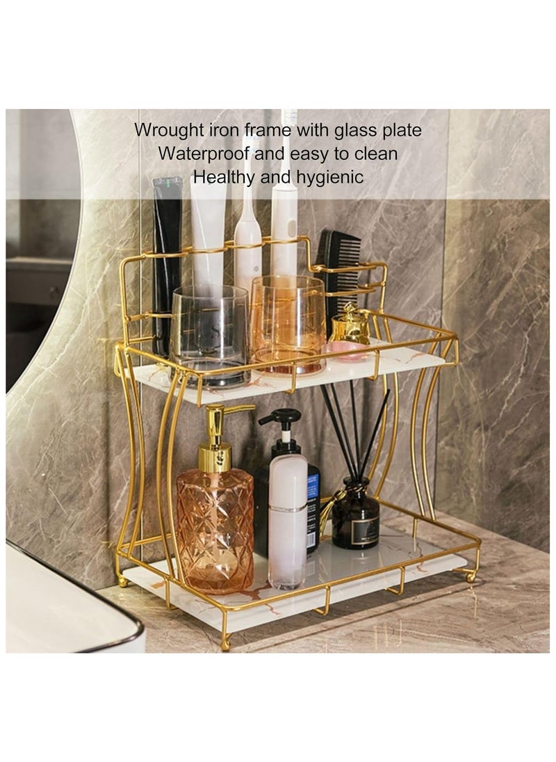 Double Layer Counter Organizer for Bathroom & Kitchen | Vanity Organizer for Home, Bathroom, Dresser, Kitchen Storage – White with Gold Grain Accent