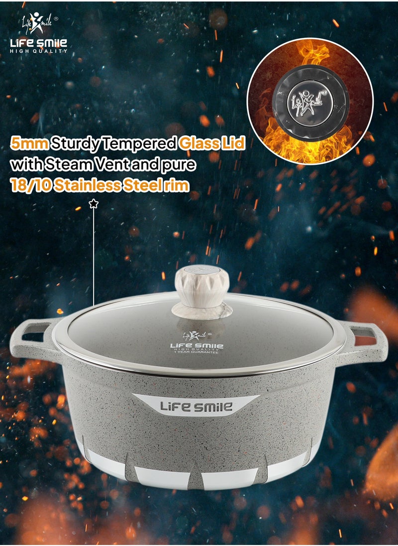 32cm Non Stick Cooking Pot - Granite Coated Aluminum Soup Pot Stock Pot With Tempered Glass Lid - PFOA Free Oven Safe - Kitchen Casserrole Pots for Cooking (Grey)